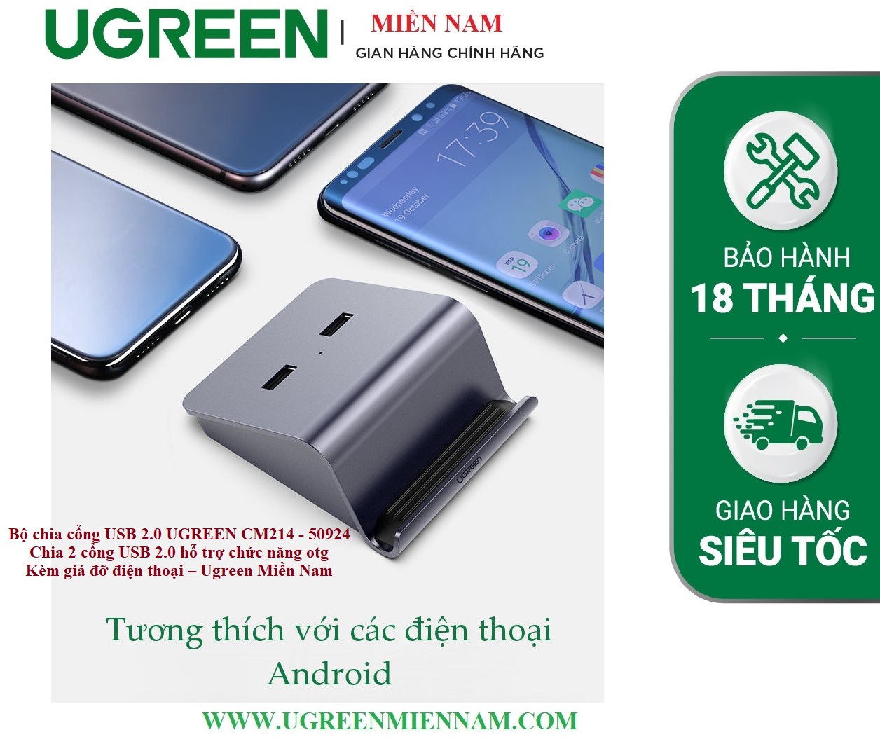 Bộ chia cổng USB 2.0 UGREEN CM214 50924 Chia 2 cổng USB 2.0 hỗ trợ chức năng otg - Kèm giá đỡ điện thoại – Ugreen Miền Nam